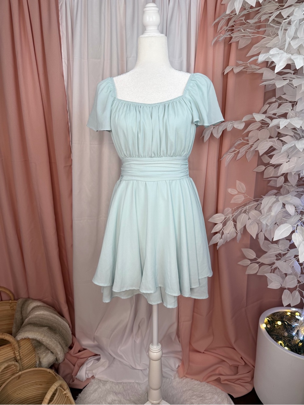 EXLURA Light Blue Open-Back Tie Romper — Size Small